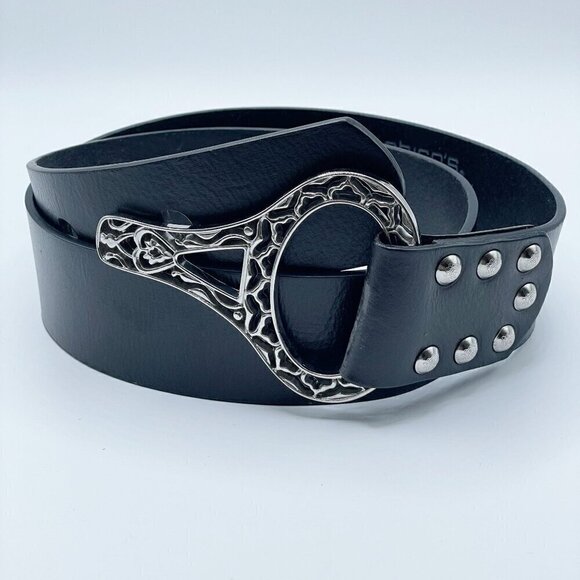 Chico's Wide Black Leather Waist Hip Belt Silvertone Pin Buckle Women's Large - Picture 1 of 5